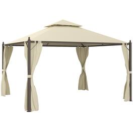 Outsunny - 10' x 12' Steel Outdoor Patio Gazebo with Polyester Privacy Curtains, Two-Tier Roof for Air, Large Design - Beige