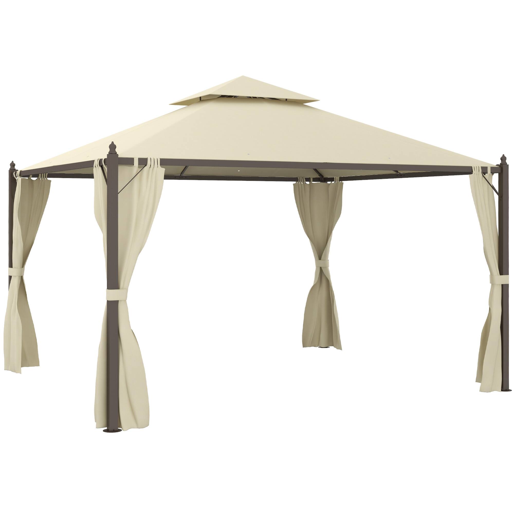 Front. Outsunny - 10' x 12' Steel Outdoor Patio Gazebo with Polyester Privacy Curtains, Two-Tier Roof for Air, Large Design - Beige.