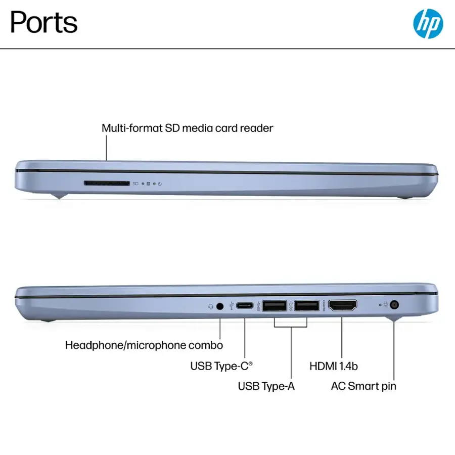 Ports:

1. Multi-format SD media card reader
2. Headphone/microphone combo
3. USB Type-C
4. USB Type-A
5. HDMI 1.4b
6. AC Smart pin