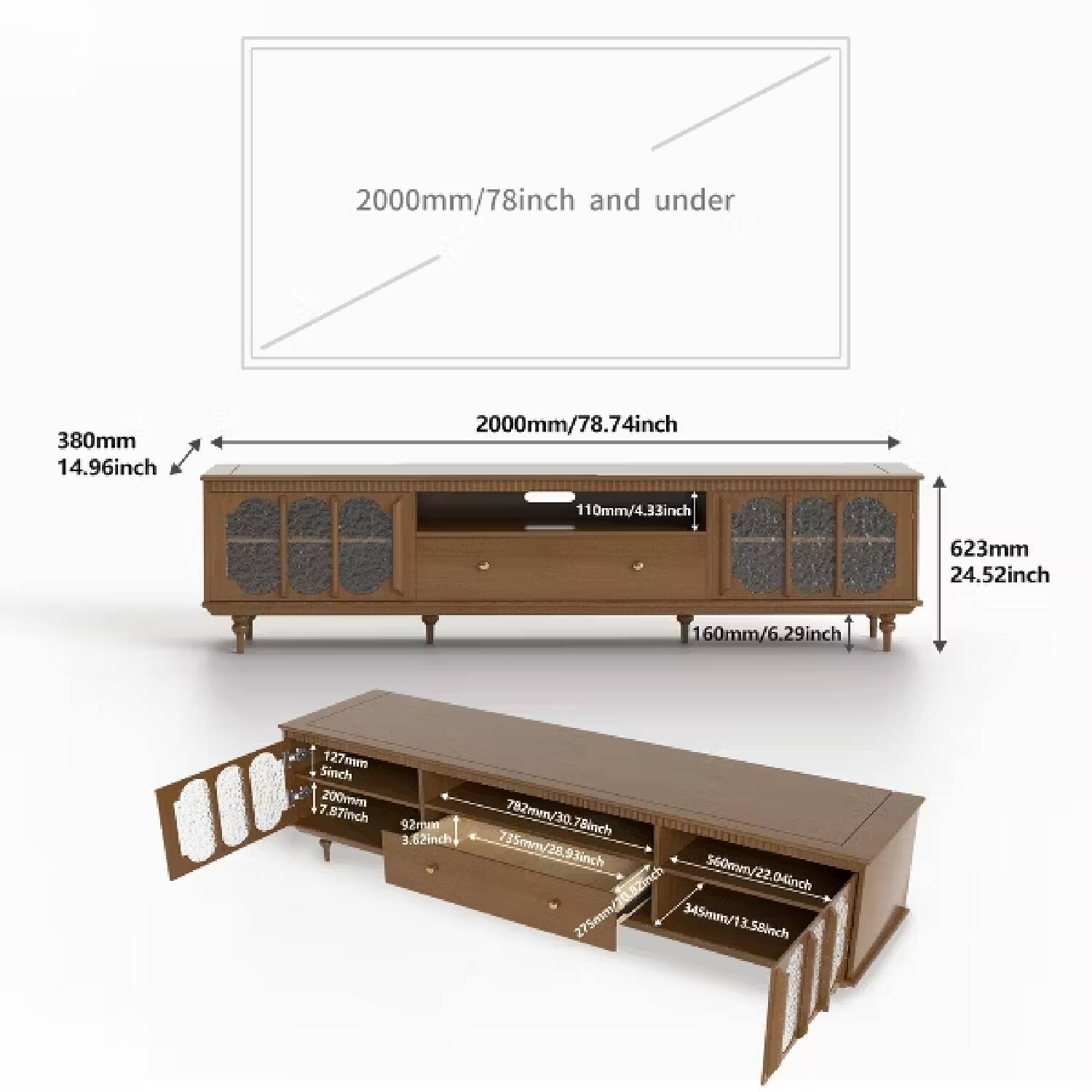 2000mm/78inch and under  
380mm 14.96inch  
2000mm/78.74inch  
110mm/4.33inch  
623mm 24.52inch  
160mm/6.29inch  
127mm/5inch  
200mm/7.87inch  
92mm/3.62inch  
782mm/30.78inch  
735mm/28.93inch  
560mm/22.04inch  
275mm/10.02inch  
345mm/13.58inch