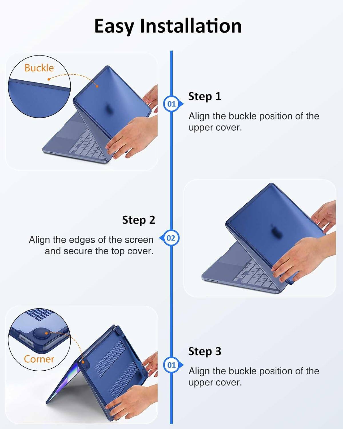 Easy Installation

Step 1
Align the buckle position of the upper cover.

Step 2
Align the edges of the screen and secure the top cover.

Step 3
Align the buckle position of the upper cover.