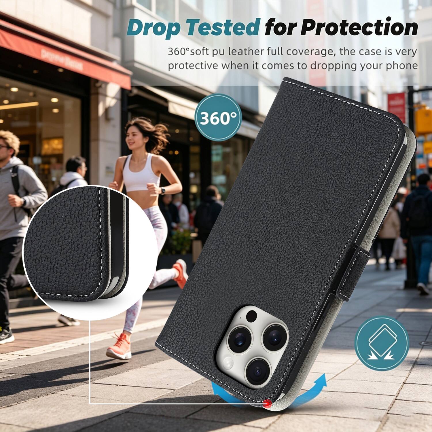 Drop Tested for Protection  
360° soft pu leather full coverage, the case is very protective when it comes to dropping your phone