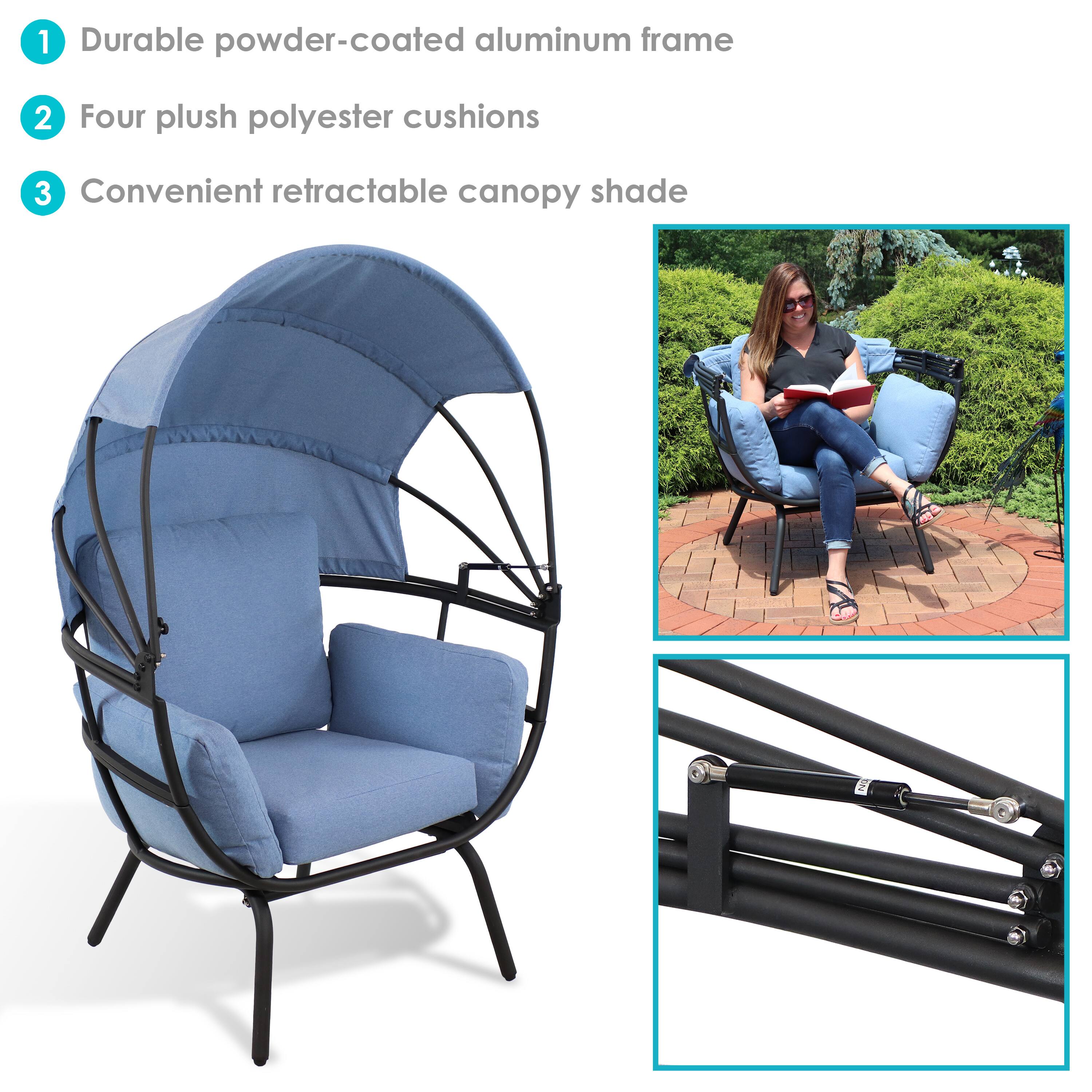 1. Durable powder-coated aluminum frame  
2. Four plush polyester cushions  
3. Convenient retractable canopy shade