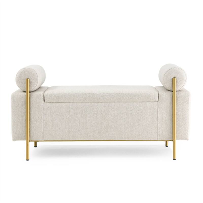 Back. HTUTWOO - Linen Storage Ottoman Bench for Living Room Bedroom - Elegant Upholstered Bench with Cylindrical Arms and Iron Legs - Beige.