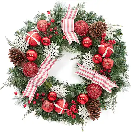 Front. Acekool - 24 Inch Christmas Wreath, Artificial Christmas Wreath for Front Door with 20 Led Lights, Pre-lit Xmas Wreath - Red and White.