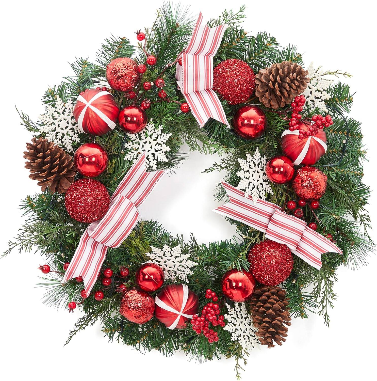 Front. Acekool - 24 Inch Christmas Wreath, Artificial Christmas Wreath for Front Door with 20 Led Lights, Pre-lit Xmas Wreath - Red and White.
