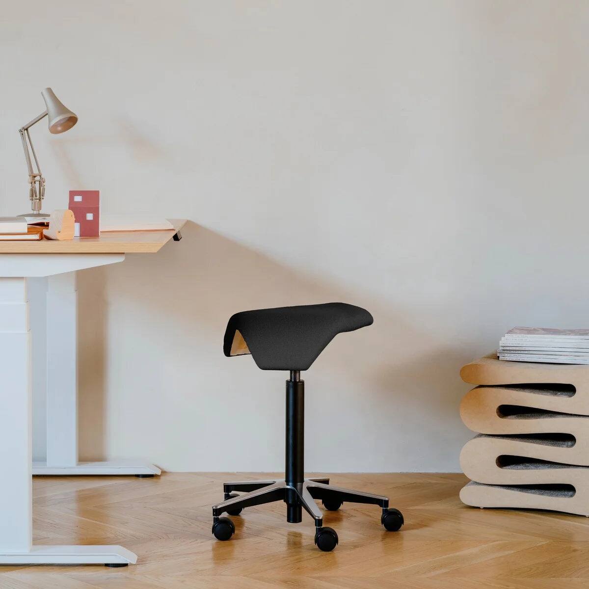 Front. Branch Furniture - Branch Saddle Chair – Rolling Ergonomic Stool for Healthy Posture with Birch Frame and Recycled Seat Fabric - Black.