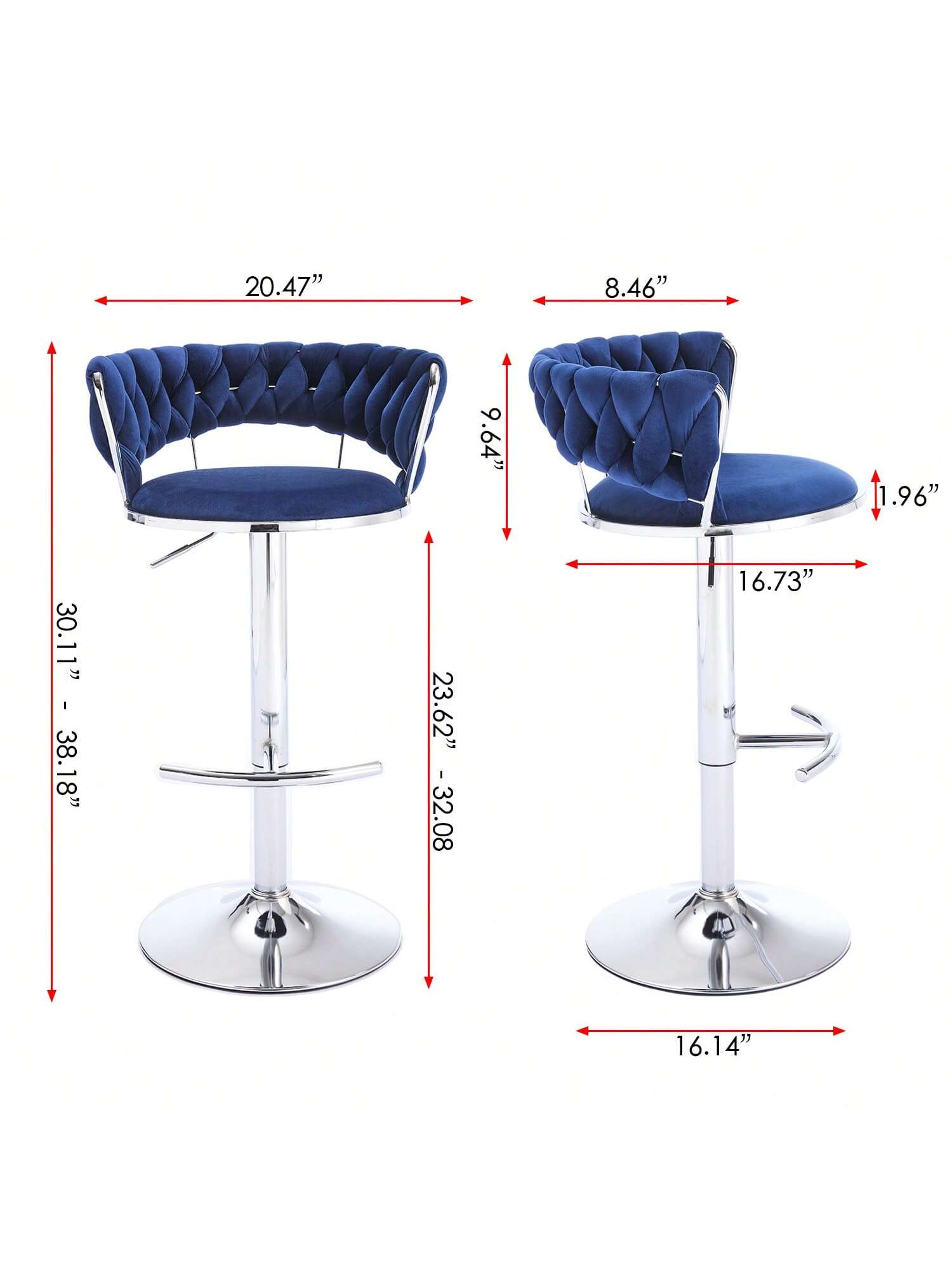 20.47"  
8.46"  
9.64"  
1.96"  
30.11" - 38.18"  
23.62" - 32.08"  
16.73"  
16.14"