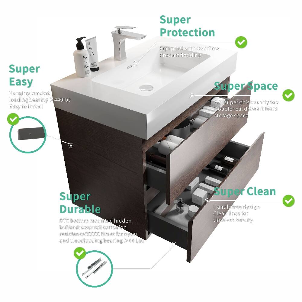 Super Easy  
Hanging bracket loading bearing >440lbs  
Easy to Install  

Super Protection  
Equipped with Overflow Prevent flooding  

Super Space  
47" super-thick vanity top  
Double real drawers More storage space  

Super Durable  
DTC bottom mounted hidden buffer drawer rail corrosion resistance 50000 times for open and close loading bearing >44 lbs  

Super Clean  
Handle free design  
Clean lines for timeless beauty
