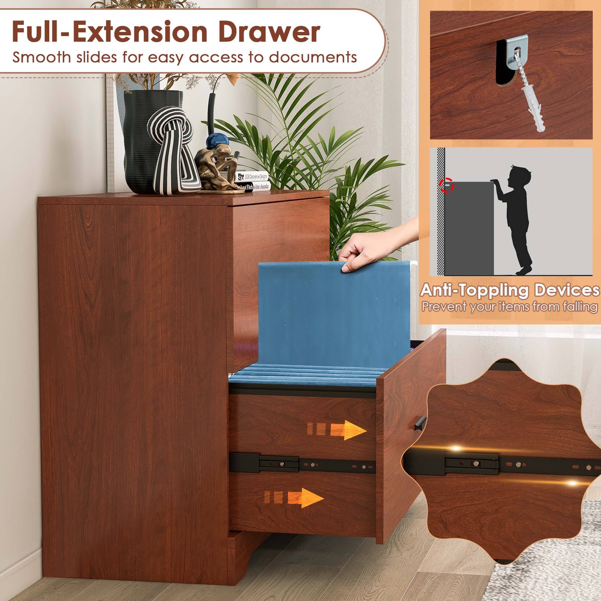 Full-Extension Drawer  
Smooth slides for easy access to documents  

Anti-Topping Devices  
Prevent your items from falling