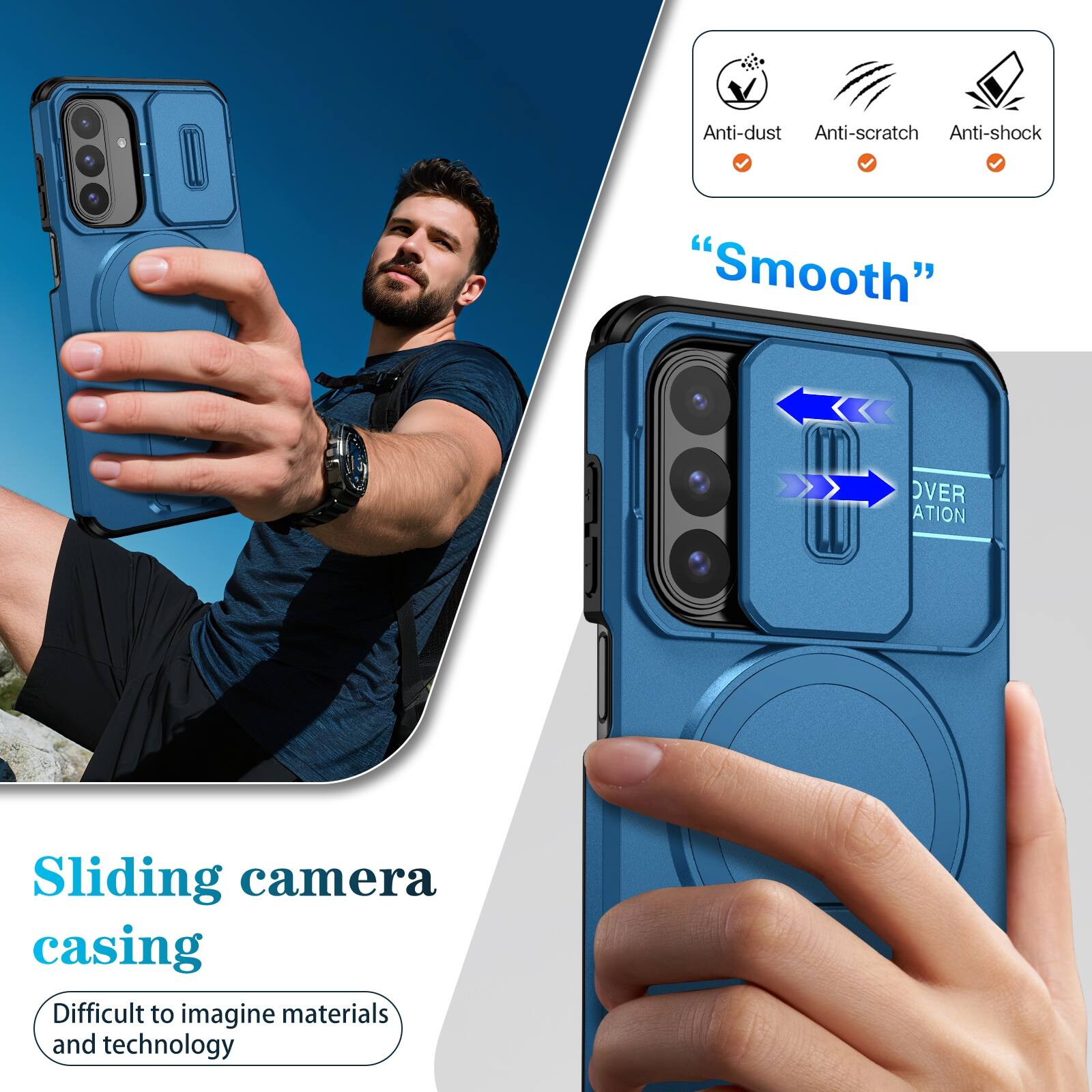 Anti-dust  
Anti-scratch  
Anti-shock  

"Smooth"  

Sliding camera casing  
Difficult to imagine materials and technology