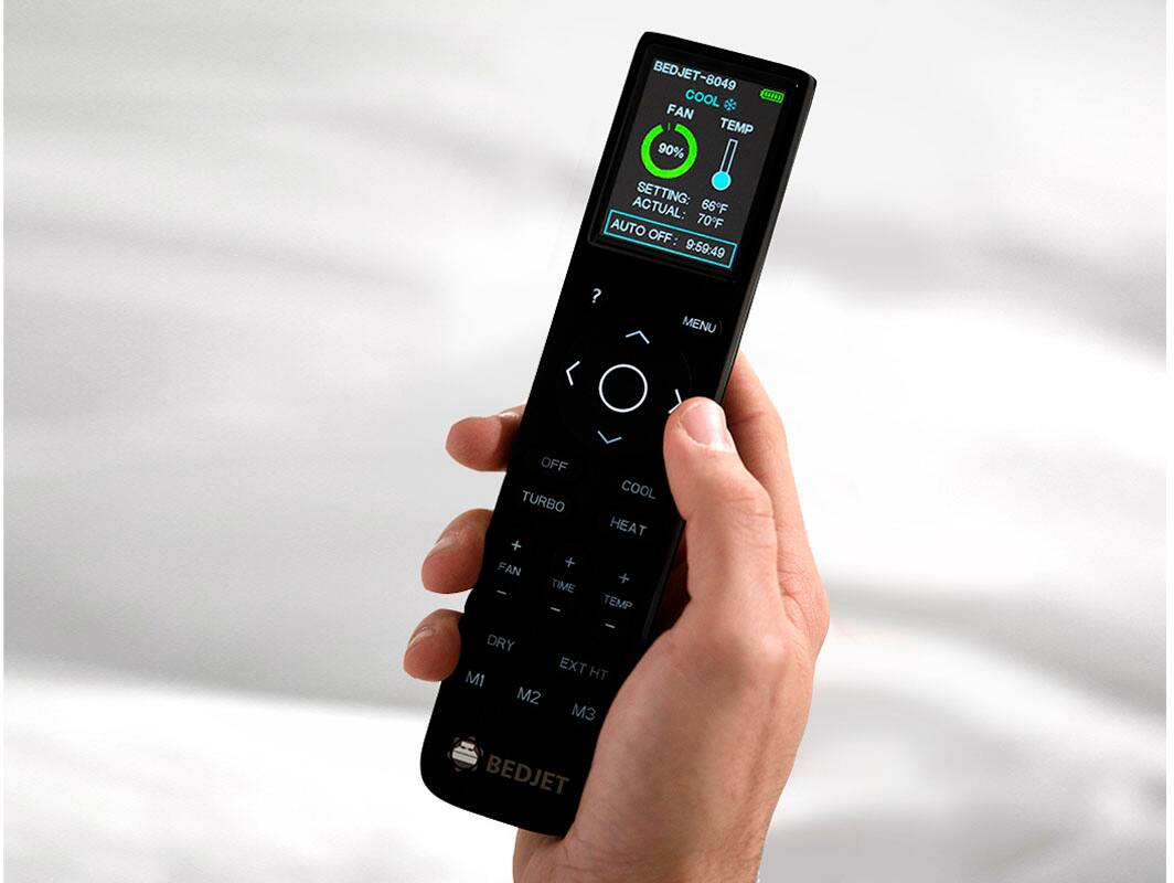 BEDJET-8049 COOL GITD FAN TEMP 90% SETTING: ACTUAL: 66F AUTO 70F OFF : 9:59:49 ? MENU OFF COOL TURBO HEAT + FAN + TIME - TEMP - DRY EXT HT MI M2 3 BEDJET