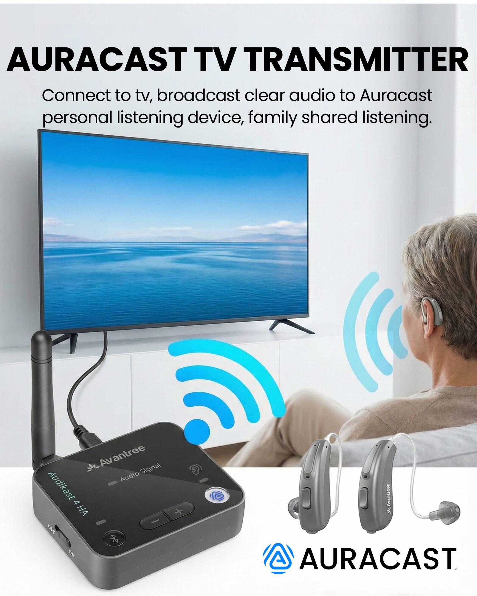 AURACAST TV TRANSMITTER  
Connect to tv, broadcast clear audio to Auracast personal listening device, family shared listening.  
Avantree Signal Audio Audikast 4