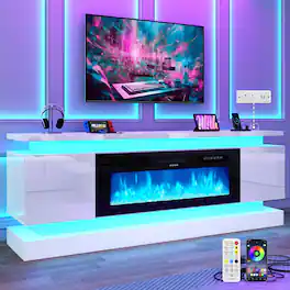 Espafurni - 71" TV Stand w/40" Fireplace & Outlet, High Gloss, 2 Cabinets & Dual LED Lights – Fits 75-85" TV - White
