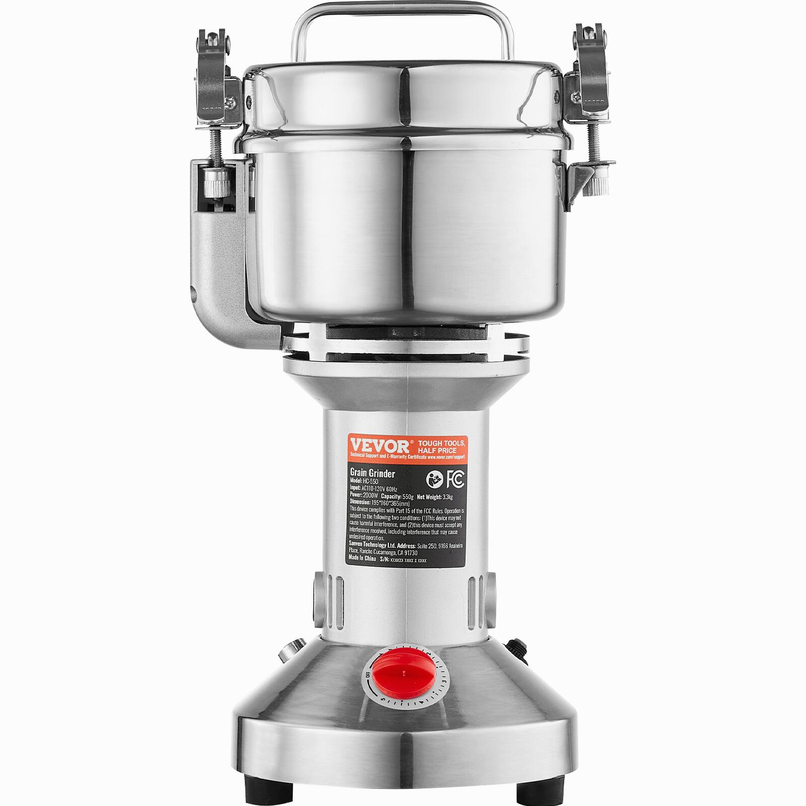 VEVOR TOUGH TOOLS  
Grain Grinder  

- Capacity: 18 kg  
- Power: 1800 W  
- Voltage: 220-240 V  
- Frequency: 50/60 Hz  
- Dimensions: 400 x 300 x 400 mm  
- Weight: 23 kg  

- 13g  
- Anti-slip feet  
- Stainless steel body  
- Easy to clean  
- Durable and long-lasting  
- Made in China  

- 201 Stainless Steel  
- CE, FCC, RoHS, ETL, SGS, ISO 9001