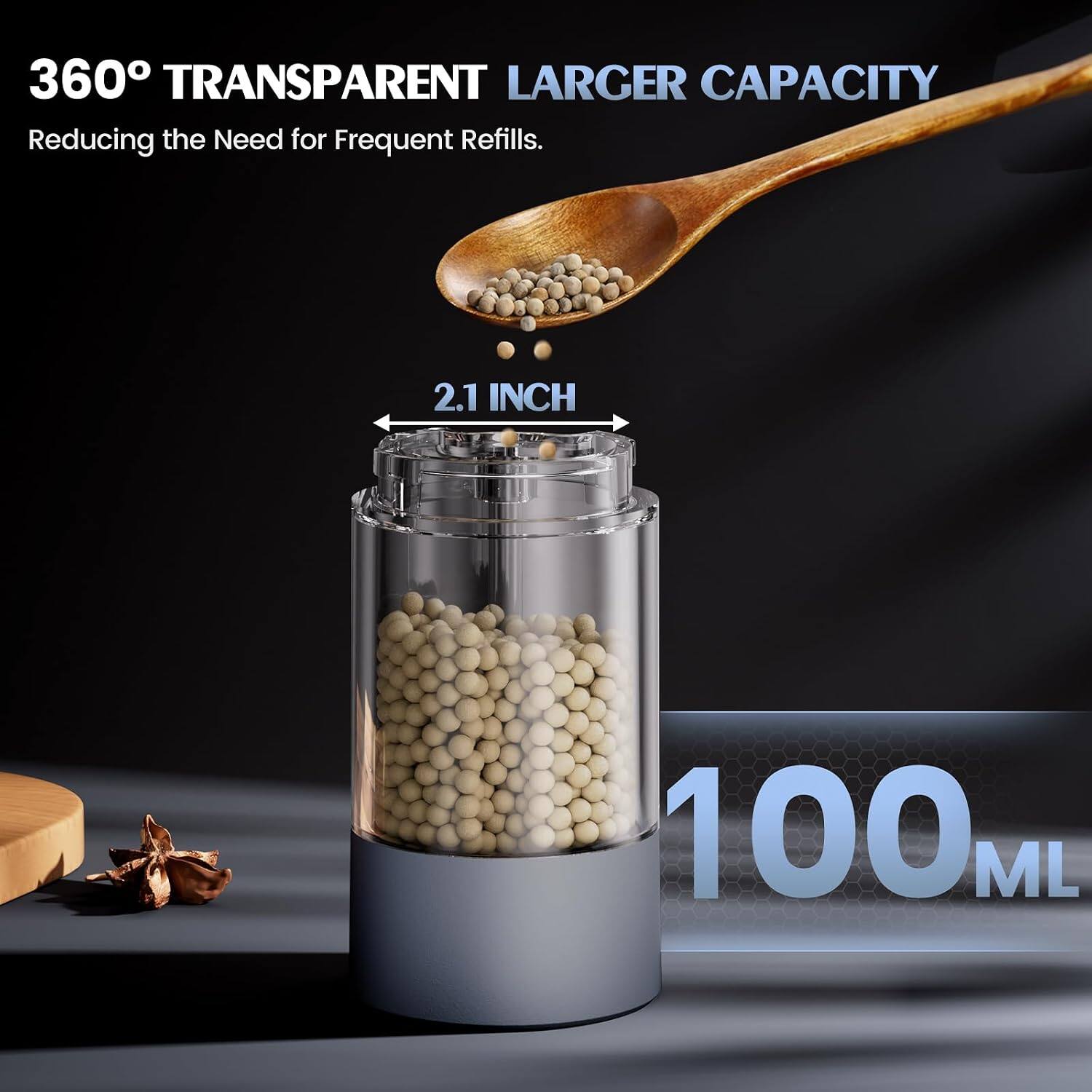 360° TRANSPARENT LARGER CAPACITY  
Reducing the Need for Frequent Refills.  
2.1 INCH  
100 ML