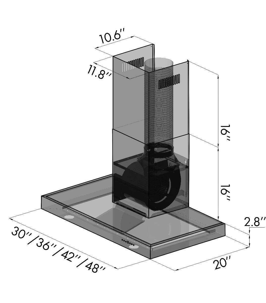 10.6" 11.8" 16" 30" / 36" / 42" / 48" 16" 2.8" 20"