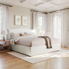 Martha Stewart - Curved Nail Trim Headboard Platform Bed-Large Storage Drawer - Off-White