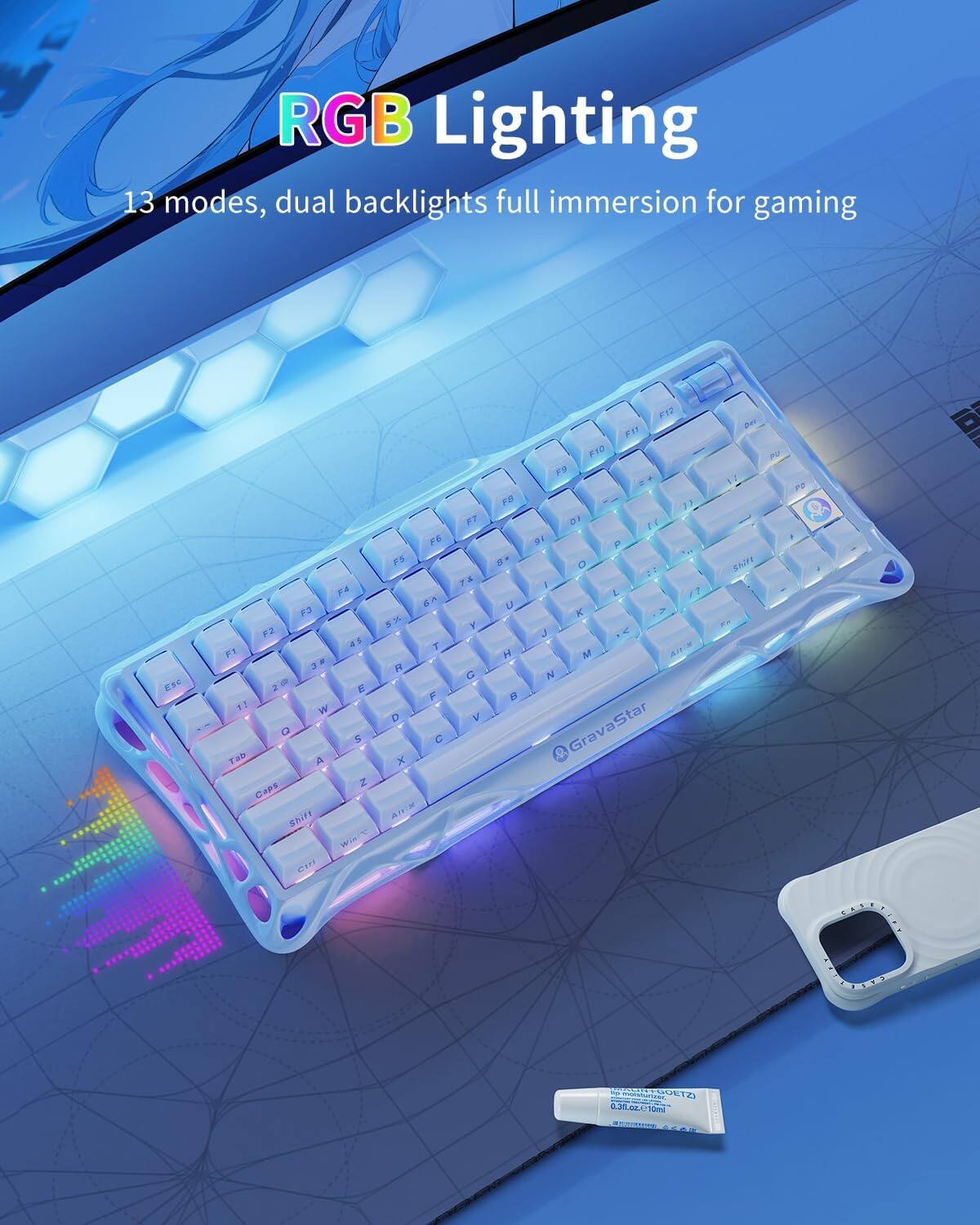 RGB Lighting  
13 modes, dual backlights full immersion for gaming  

GravaStar  
0.31 fl.oz. (10ml)