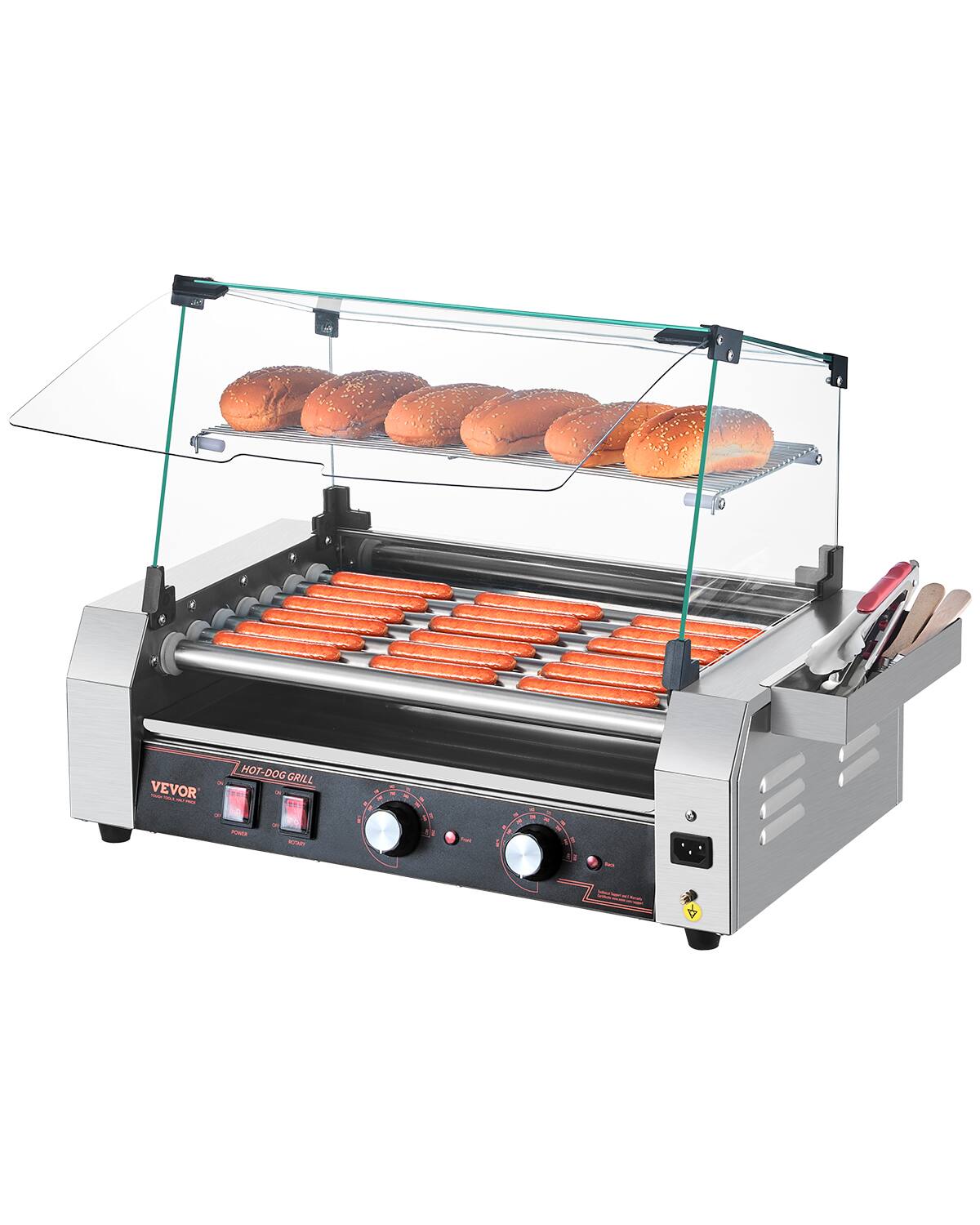 VEVOR - Hot Dog Roller, 18 Hot Dog 7 Rollers, Stainless Steel Sausage Grill Cooker, 1050W Commercial Hot Dog Machine - Silver