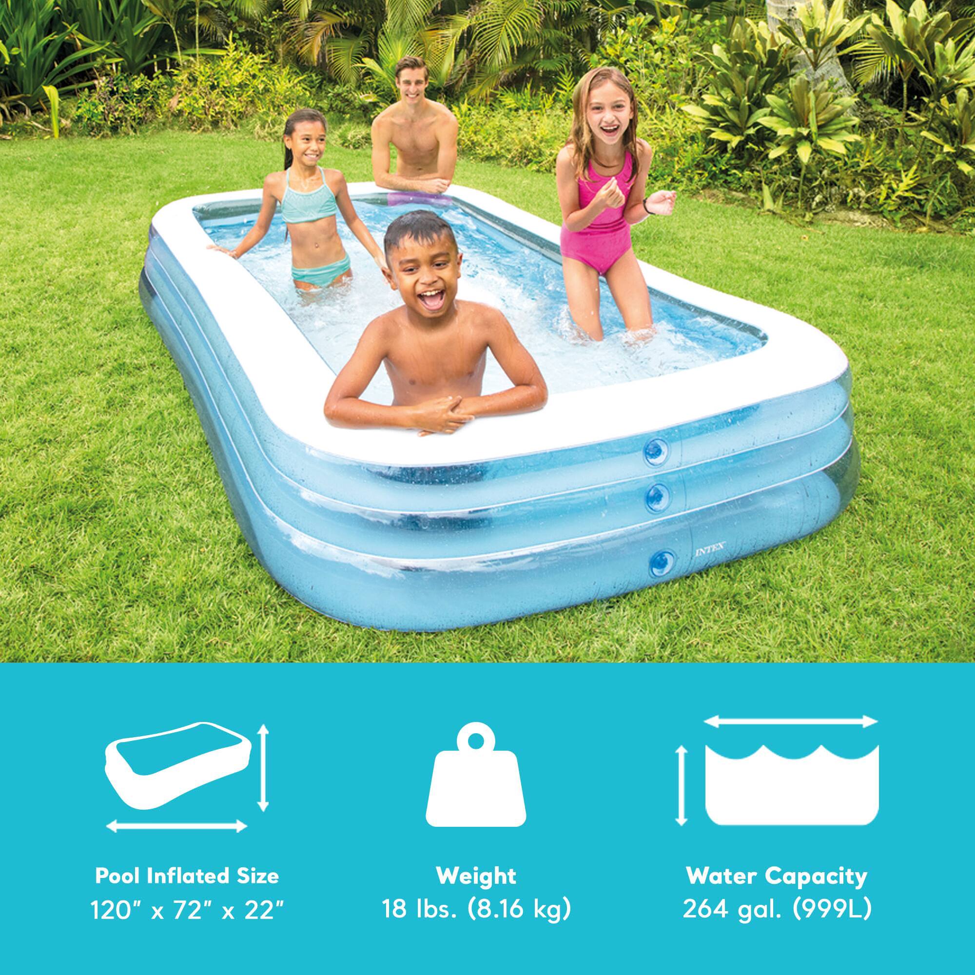 Pool Inflated Size: 120" x 72" x 22"  
Weight: 18 lbs. (8.16 kg)  
Water Capacity: 264 gal. (999L)