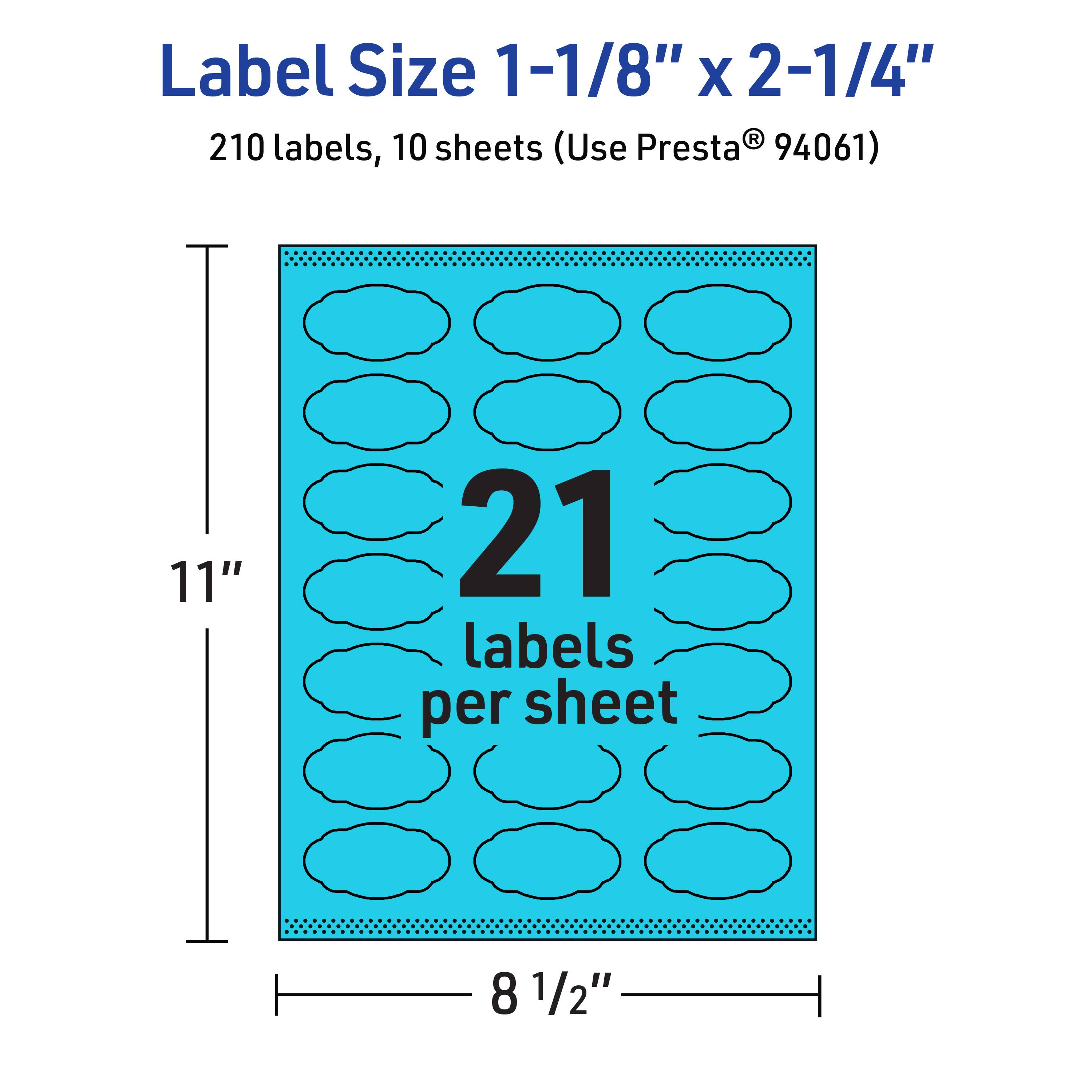Label Size 1-1/8" x 2-1/4"  
210 labels, 10 sheets (Use Presta® 94061)  
11" x 8 1/2"  
21 labels per sheet