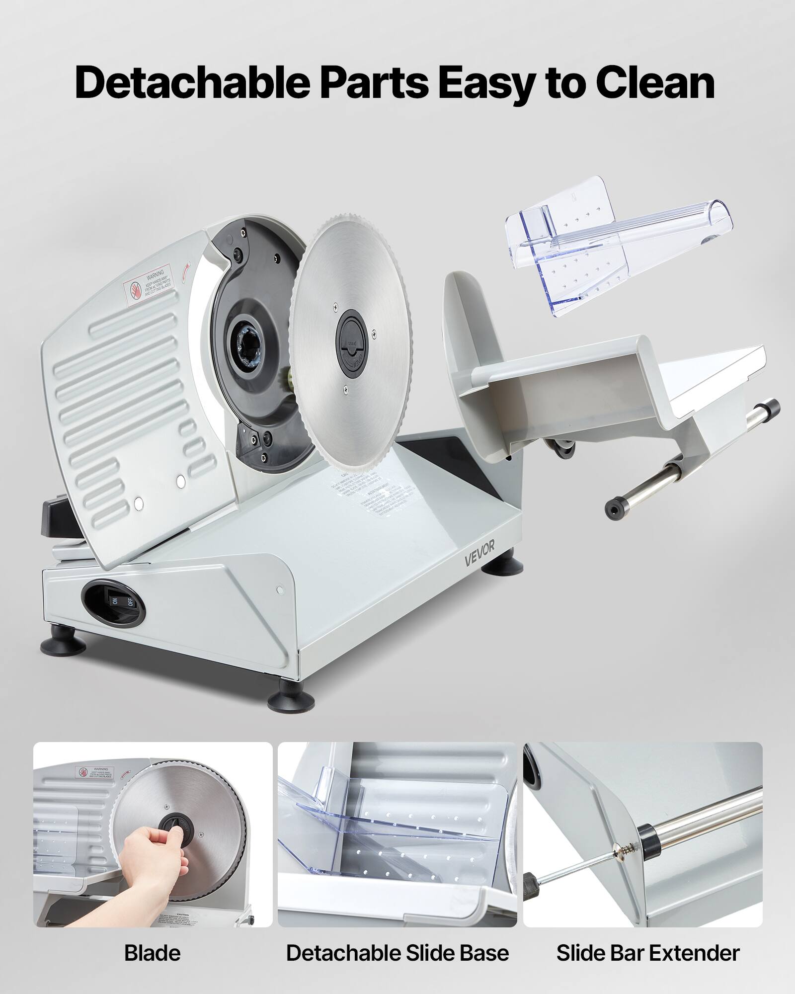 Detachable Parts Easy to Clean

- Blade
- Detachable Slide Base
- Slide Bar Extender