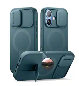 SURITCH - Hard Shell Rugged Case for iPhone 17 with Camera Cover, Camera Cover & Kickstand, Compatible with MagSafe - Lake Green