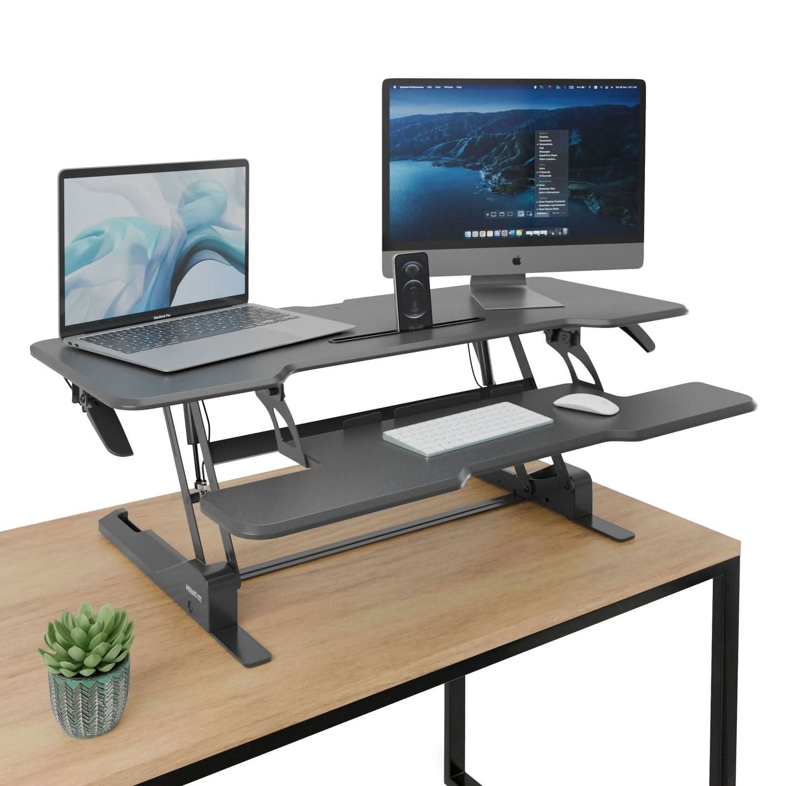 Alt View 4. Mount-It! - Large Standing Desk Converter with 47″ Wide Desktop and Gas Spring Adjustable Sit‑Stand Workstation, Black - Black.