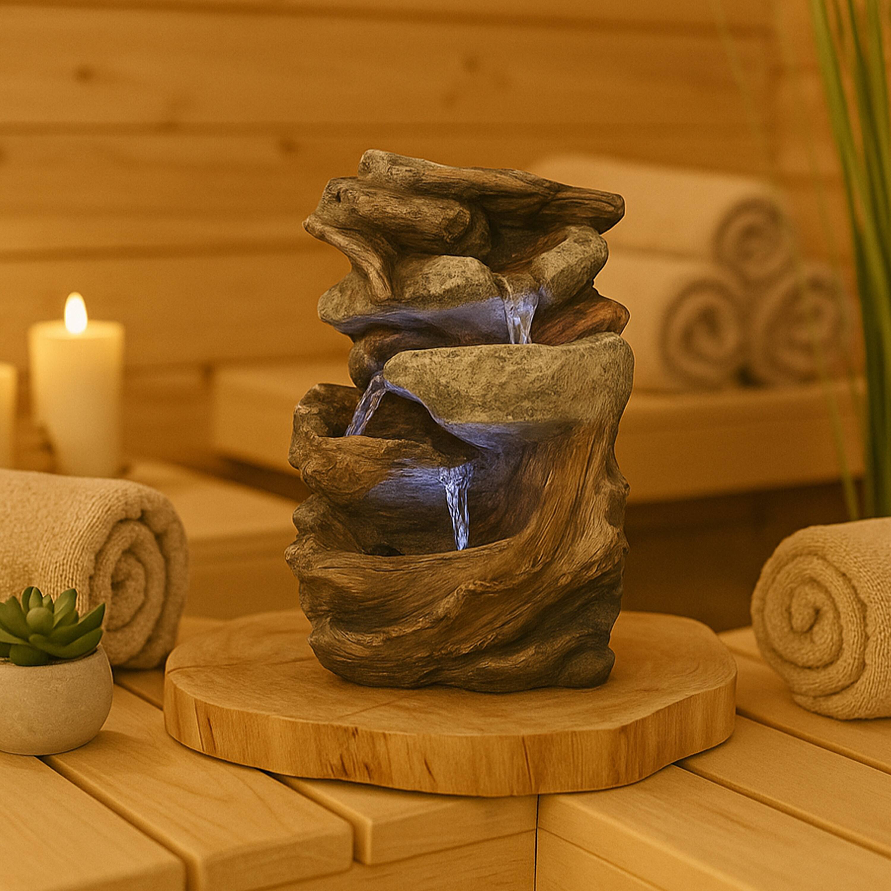 Alt View 8. Sunnydaze - Tiered Rock and Log Indoor Water Fountain with LEDs - 10.5 in - Brown.