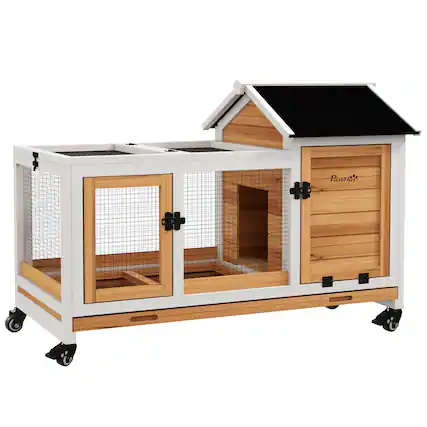 Front. Pawhut - Large Wooden Rabbit Hutch with Wheels, Indoor/Outdoor Bunny Cage with Run & Slide-Out Tray for Rabbits.