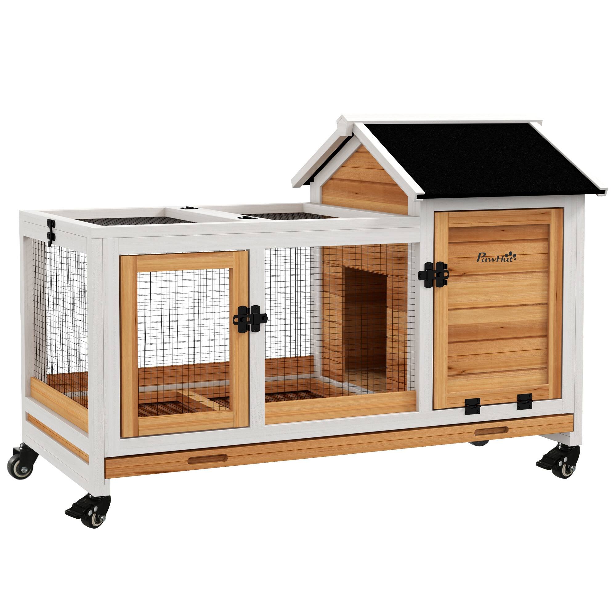 Front. Pawhut - Large Wooden Rabbit Hutch with Wheels, Indoor/Outdoor Bunny Cage with Run & Slide-Out Tray for Rabbits.