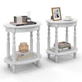 Gymax - 2 PCS 2-Tier End Table Oval Compact Sofa Side Nightstand w/ Storage Shelf - White
