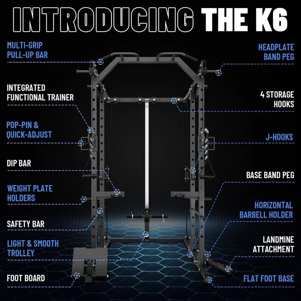 INTRODUCING THE K6 MULTI-GRIP HEADPLATE PULL-UP BAR BAND PEG INTEGRATED FUNCTIONAL TRAINER 4 STORAGE HOOKS POP-PIN & QUICK-ADJUST J-HOOKS DIP BAR WEIGHT PLATE HOLDERS SAFETY BAR BASE BAND PEG HORIZONTAL BARBELL HOLDER LIGHT & SMOOTH TROLLEY LANDMINE ATTACHMENT FOOT BOARD FLAT FOOT BASE