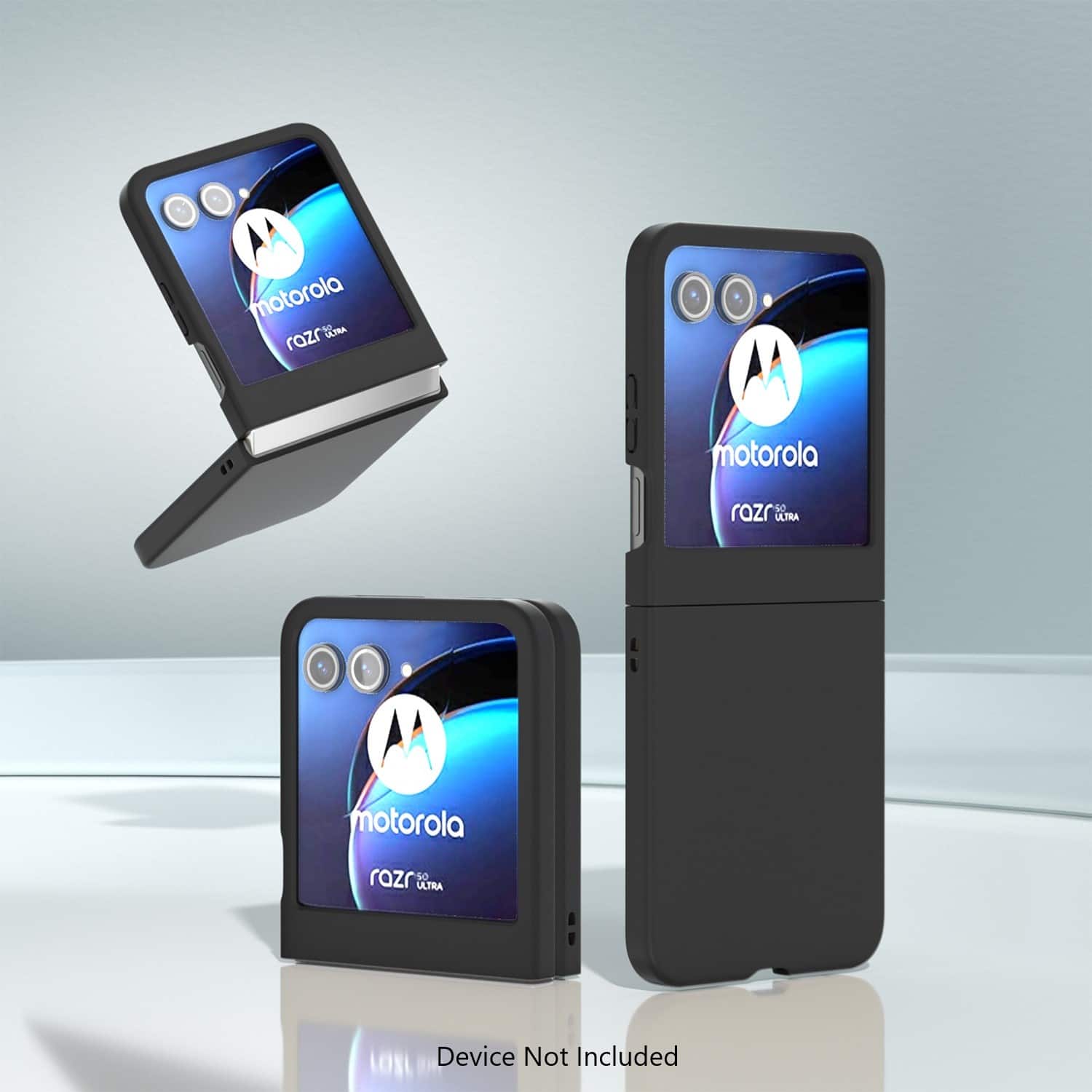 Motorola DF DELTRA razr is a device that is not included in the image. The image showcases a Motorola razr phone with a blue screen and a black case. The phone is displayed in various positions, including a side view and a front view. The Motorola logo is also visible on the phone.