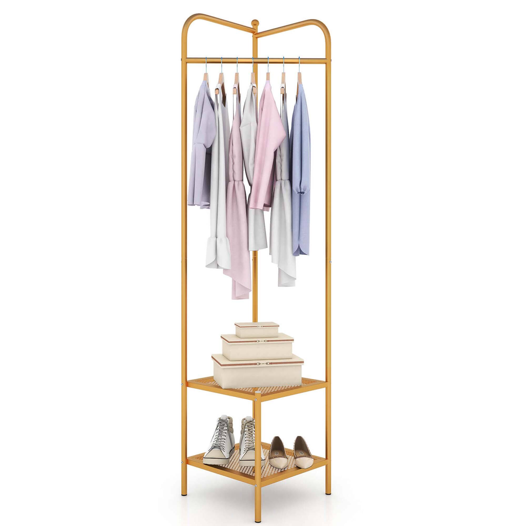 Front. Costway - Costway Corner Coat Rack with Shelves Freestanding Hall Tree with Top Hanger Golden - Golden.