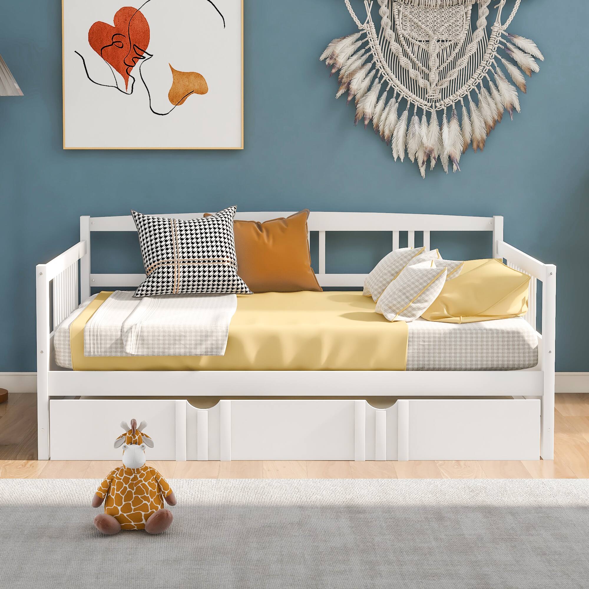 Angle. Tiramisubest - Full Size Daybed Wood Bed with Twin Size Trundle,White - White.