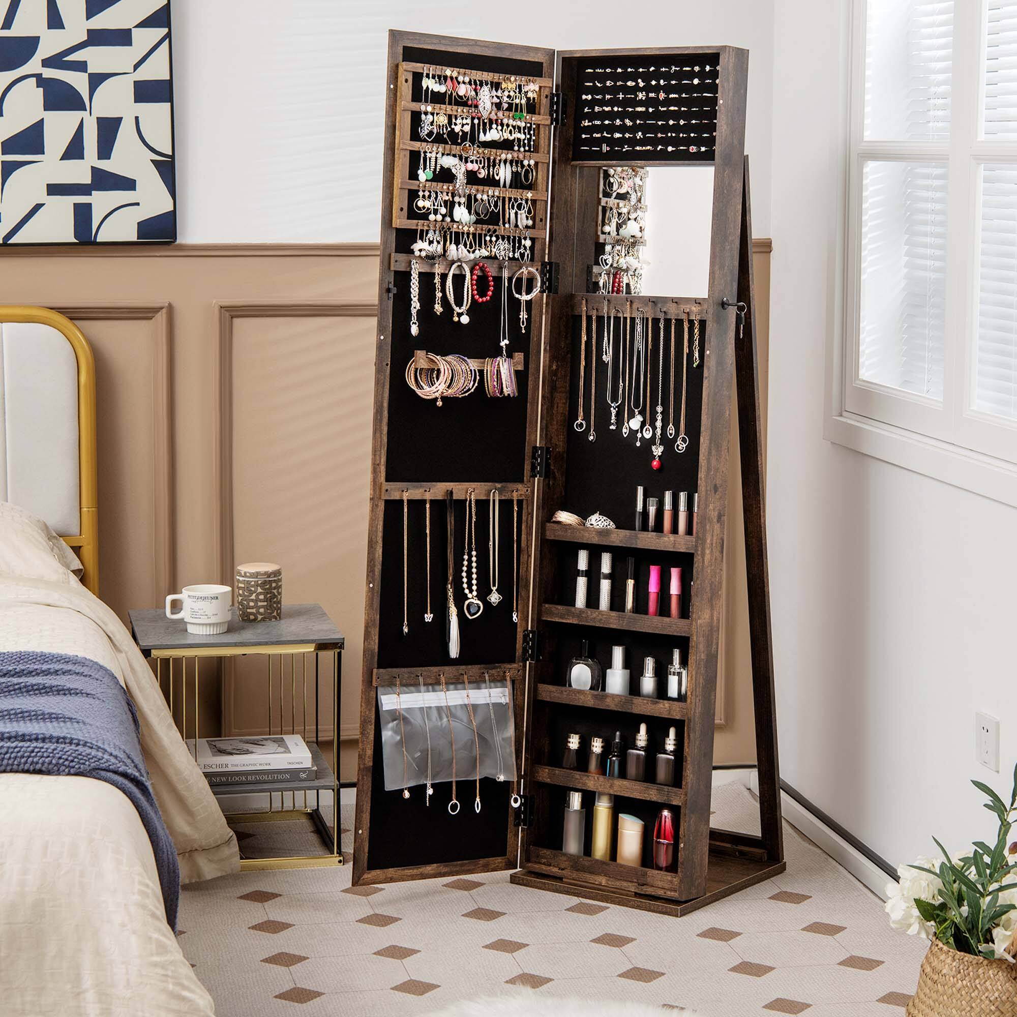 Angle. Costway - Mirrored Jewelry Cabinet Armoire Lockable Standing Storage Organizer with Shelf Brown - Brown.