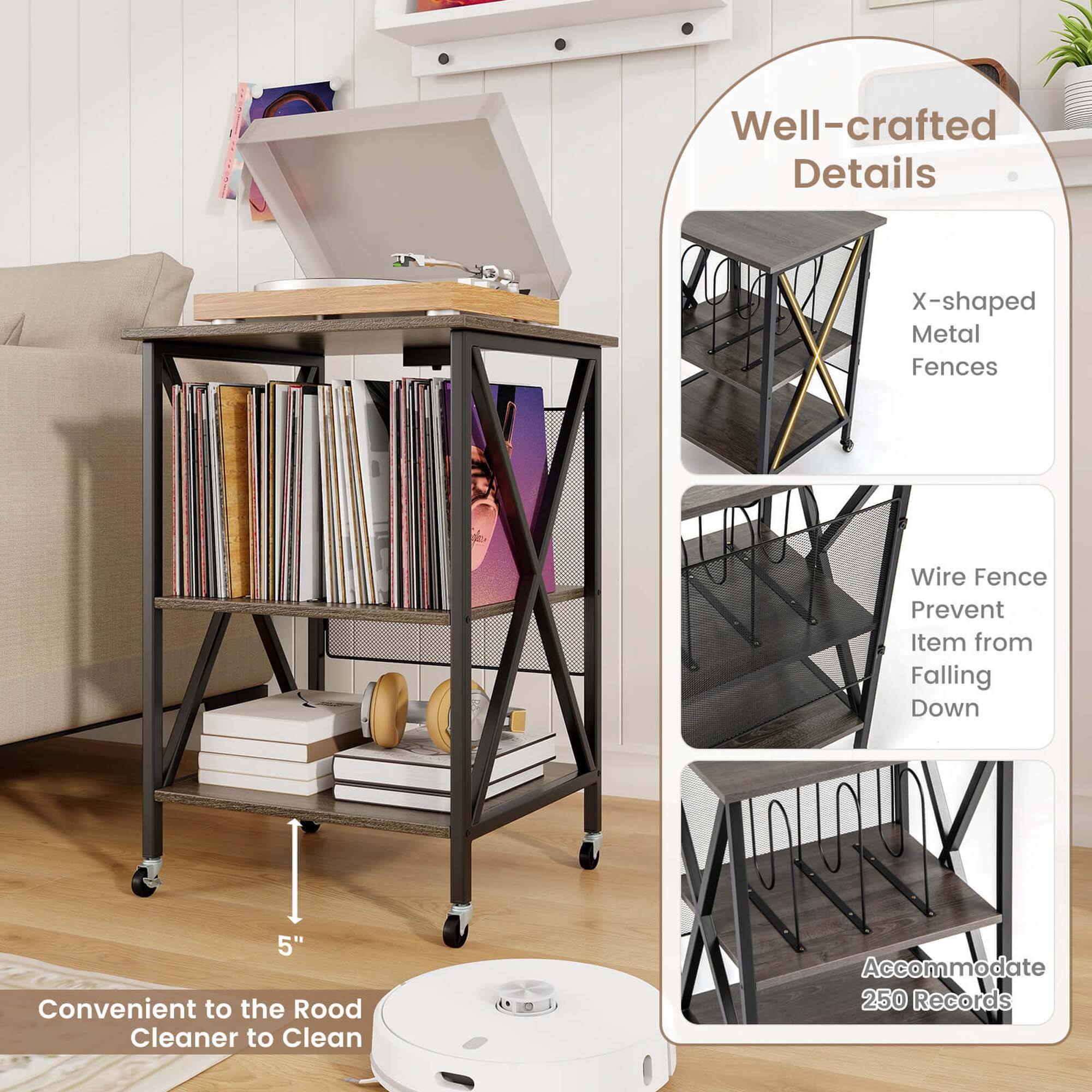 Well-crafted Details

- X-shaped Metal Fences
- Wire Fence Prevent Item from Falling Down
- Accommodate 250 Records

Convenient to the Rood Cleaner to Clean

5"