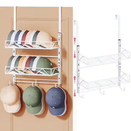 Front. HM 1810 - Over Door Hat Organizer - 3 Tier Wall Mounted Rack With 2 Adjustable Metal Basket And Hanging Baseball Cap... - white 3-Tier.
