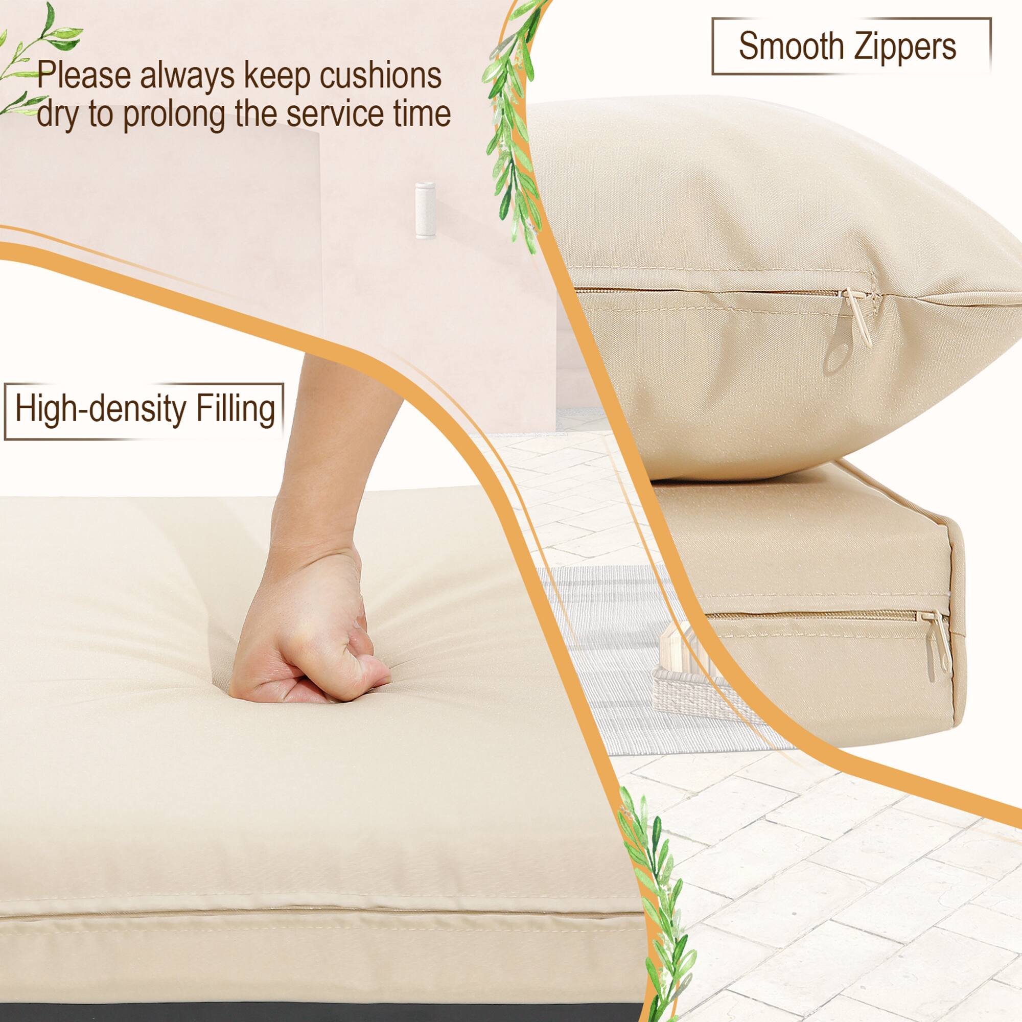 Please always keep cushions dry to prolong the service time, Smooth Zippers, High-density Filling