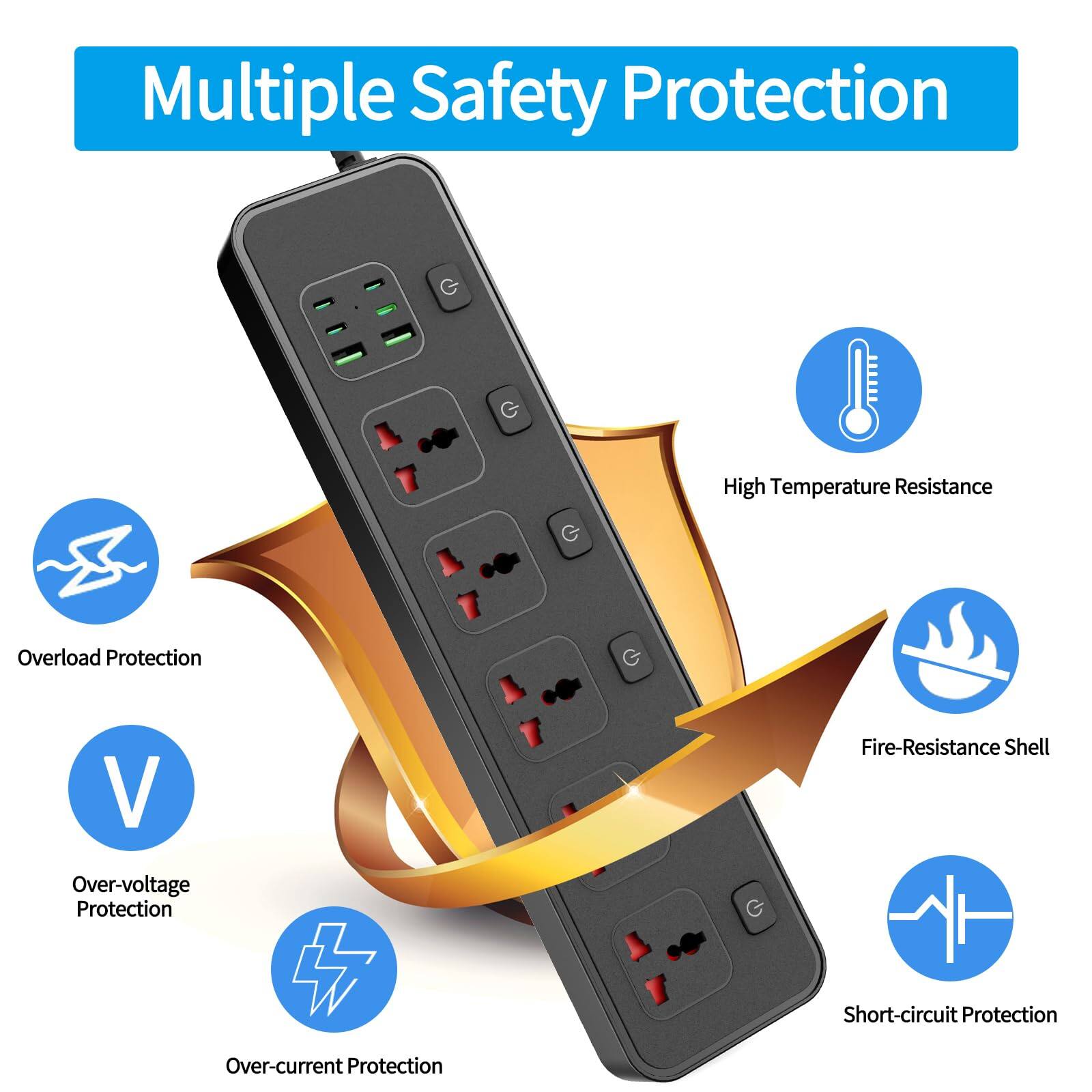 Multiple Safety Protection

- Overload Protection
- High Temperature Resistance
- Over-voltage Protection
- Fire-Resistance Shell
- Over-current Protection
- Short-circuit Protection