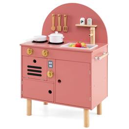 Costway - Play Kitchen for Kids with Stoves Faucet Sink Microwave Oven Cooking Accessories - Pink