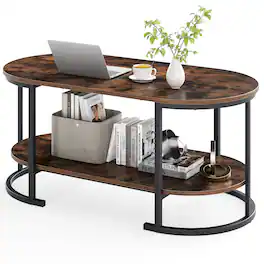 Costway - Oval Coffee Table with Metal Support Legs for Apartment Office Reception - Rustic Brown,Black