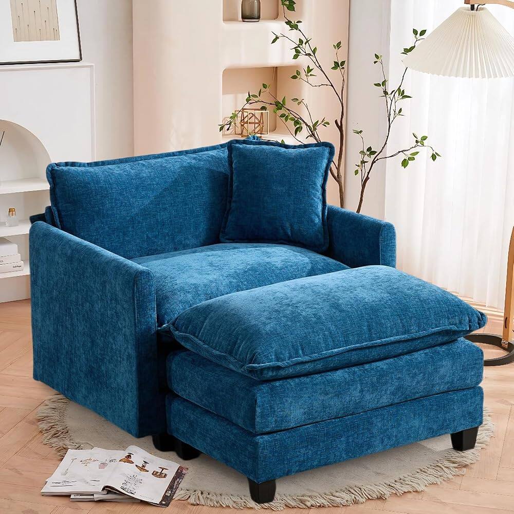 Left. JUJABU - Blue Chenille Modular Single Sofa with Ottoman and Pillow for Living Room - Blue.