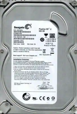 Seagate Pipeline HD 2
500 GB
PIN: 9C0142-100
Date Code: 1204B
Serial Code: BU
Product of China
+5V 0.216 A
+12V 0.198 A
Installation Summary
For detailed instructions, see the Seagate website or the enclosed documentation.
Need support? Visit www.seagate.com.
Caution: Product warranty is void if any seal is broken or if the drive is removed from its original packaging.
Seagate Technology LLC
CE, c, e
Product No: 5Y