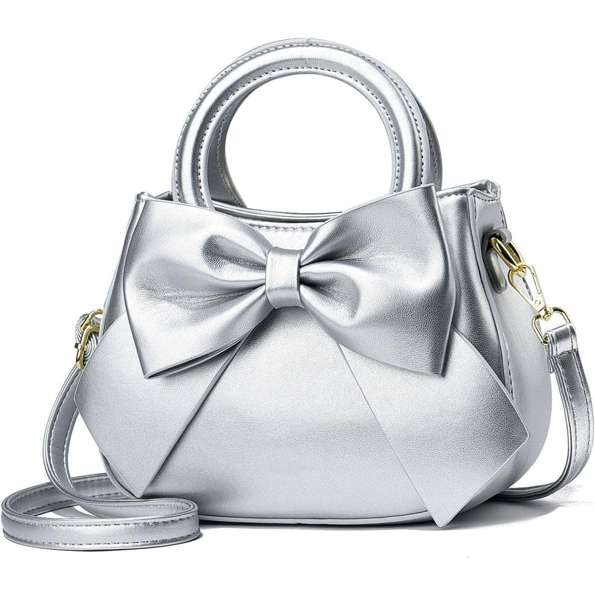 Fabibe - Small Handbags for Women with Top Carry Handle and Cute Bow Knot,Leather Purses and Over-Shoulder Strap - Silver