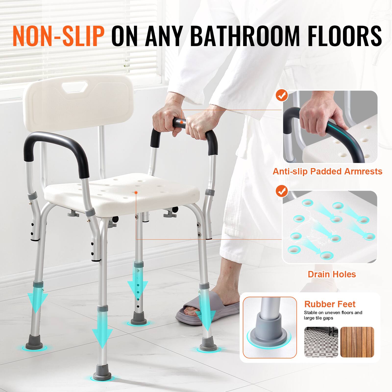 NON-SLIP ON ANY BATHROOM FLOORS

Anti-slip Padded Armrests
Drain Holes
Rubber Feet
Stable on uneven floors and large tile gaps