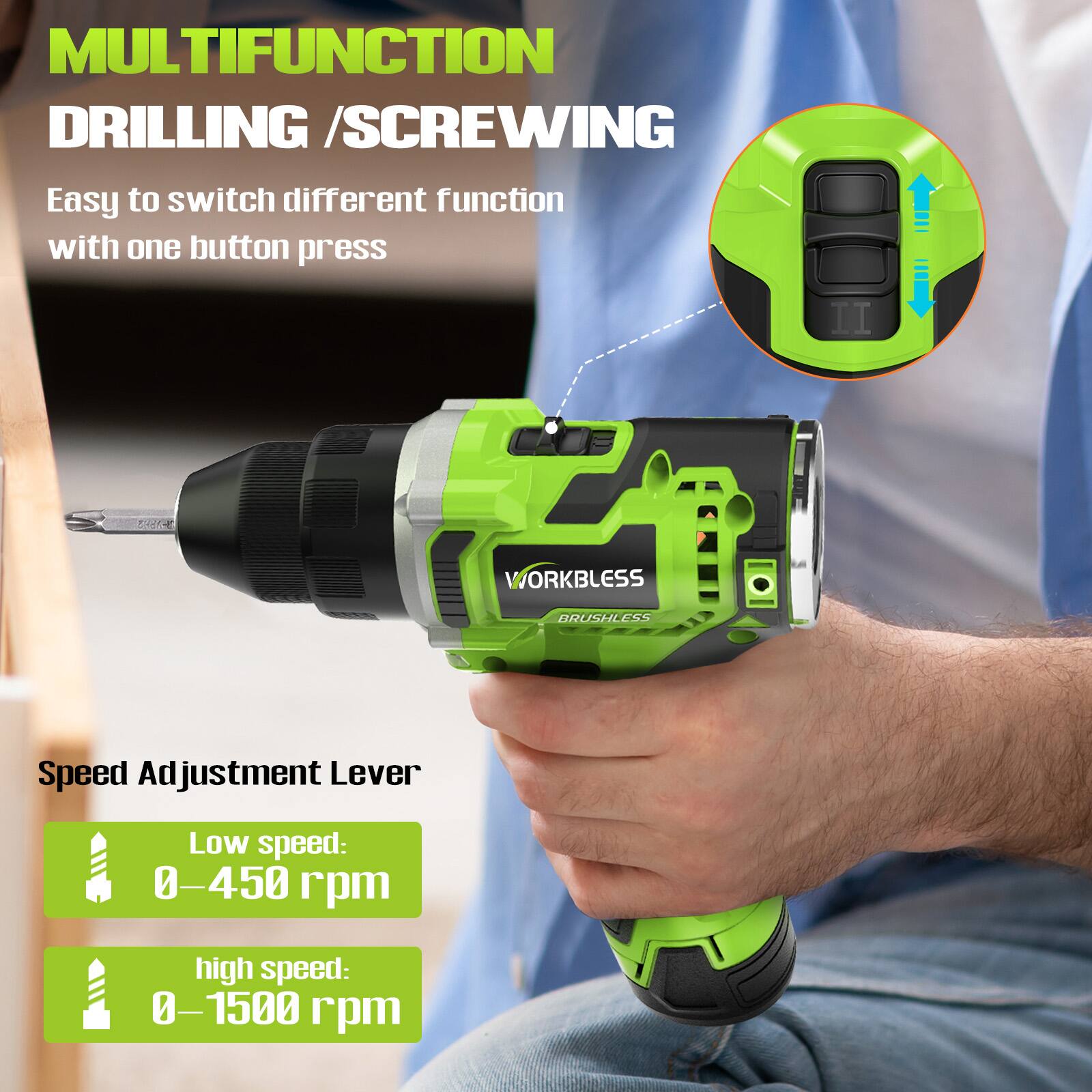 MULTIFUNCTION DRILLING / SCREWING  
Easy to switch different function with one button press  

WORKLESS BRUSHLESS  
Speed Adjustment Lever  
Low speed: 0–450 rpm  
High speed: 0–1500 rpm