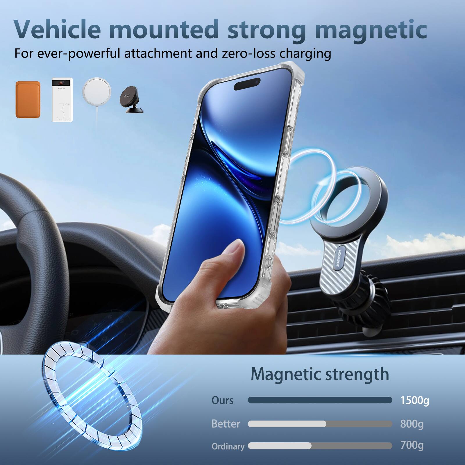 Vehicle mounted strong magnetic  
For ever-powerful attachment and zero-loss charging  

Magnetic strength  
Ours: 1500g  
Better: 800g  
Ordinary: 700g